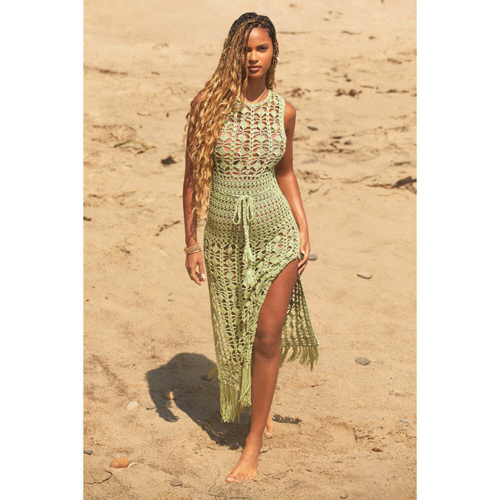 Lulus Endless Waves Sage Green Crochet Fringe Midi Swim Cover-up - Size XS